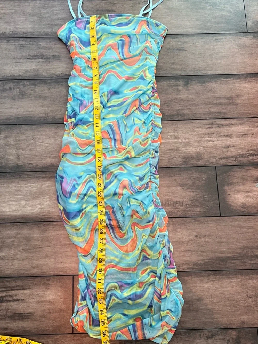 Aqua Multicolor Swirl Midi Dress Y2K Ruched - Picture 3 of 7